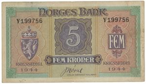 5 kroner 1944. Y199756. Litt bruntonet, brettrift/slightly brownish, fold tear