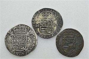 Lot 3 stk. Philip IV 1621-1665; Brabant, escalin 1645, Antwerpen, Brabant, liard 1652, Brussel og Artois, escalin 1626, Arras