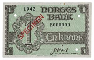 1 krone 1942. B000000. Stemplet Specimen i rødt og hullmakulert med fire hull. R.