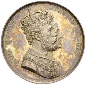 Oscar II. Kongens og dronningens kroning 1873. Offisiell kroningensmedalje. Kullrich. Sølv. 39 mm. Ex. Oslo Mynthandel a/s nr.9 2/10-1982 nr.803