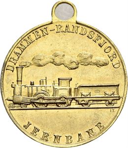 Drammen-Randsfjord jernbane 25 års jubileum 1891. Forgylt bronse med hempe. 23 mm