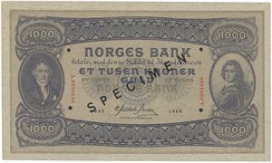 1000 kroner 1943. A.0994636. Overtrykt SPECIMEN og perforert med 4 hull