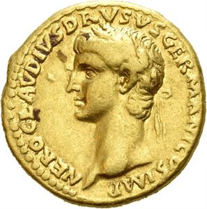 Nero Claudius Drusus. Died 9 BC. AV aureus, Lugdunum AD 41-42, (7,66 g). Minted under his son, the emperor Claudius. Laureate head of Drusus left / Triumphal arch surmouted by equestrian statue between two trophies, architrave inscribed with DE GERMANIS. A few very faint scratches and small spots of earthen deposits. Very rare.