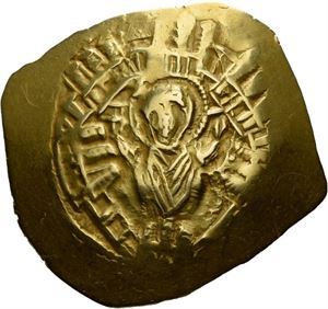 Michael VIII-Palaeologus 1261-1282, hyperpyron, Constantinople. (4,16 g). Byste av Jomfruen innenfor bymur/Michael kneler foran Kristus og St.Michael