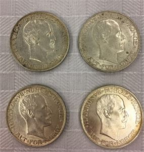 Lot 4 stk. 2 kroner 1908, 1910, 1912 og 1913