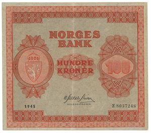 100 kroner 1945. Z8037248. Erstatningsseddel/replacement note
