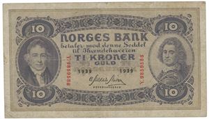 10 kroner 1939 Y 9859588.  To mm rift oppe.