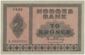 2 kroner 1948. Z.8008281. Erstatningsseddel/replacement note.