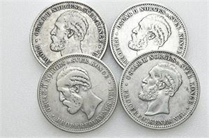 Lot 4 stk. 2 kroner 1890, 1893, 1900 og 1902