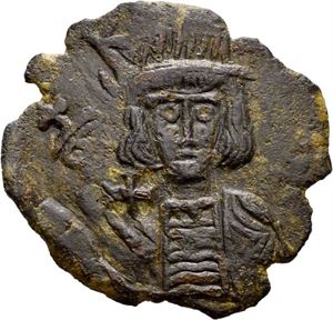 Constantin IV 668-685, Æ follis, Syrakus. R: Stor M mellom Heraclius og Tiberius