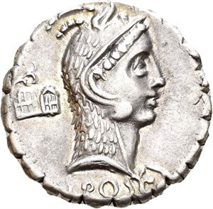 L. ROSCIUS FABATUS, 64 f.Kr., denarius. Hode av Juno Sospita mot høyre/Kvinne forende slange