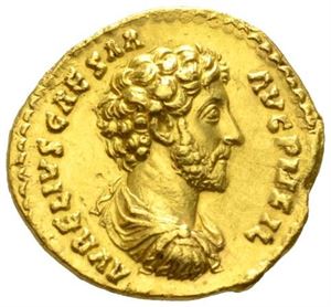 MARCUS AURELIUS 161-180, aureus, Roma 153-154 e.Kr. (7,16 g). R: Roma stående mot venstre. Ex. Spink november 2006