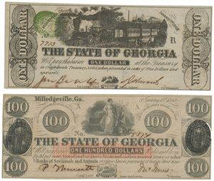 Georgia, Milledgeville. Lott 2 stk. 100 dollar 15.1.1862, No. 8874, og 1 dollar 1.1.1863, No. 7713.