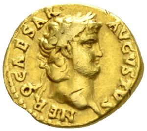 NERO 54-68, aureus, Roma 65-66 e.Kr. (7,15 g). R: Salus sittende mot venstre. Riper/scratches.