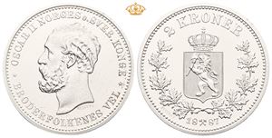 2 kroner 1887. Nypreg utført i 1987. Sølv. 31 mm