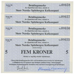 5 kroner 1978. Serie SS. Nr. 00655-00658. 4 stk. i nummerrekkefølge.
