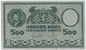 500 kroner 1948 A 0019110.   Litt misfarge i brettene.