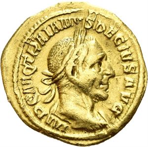 Trajan Decius. AD 249-251. AV aureus, Roma AD 249-251, (4,24 g). Laureate and cuirassed bust of T. Decius right / VBERITAS AVG, Uberitas standing left, holding purse and cornucopiae. Some scuff on obverse. Minor marks and scratches. Slightly wavy flan.