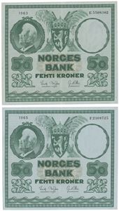 Lott 2 stk. 50 kroner 1963 E og 1965 F