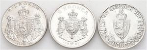 Haakon VII, lot 3 stk. 2 kroner 1906, 1907 og 1914 jubileum