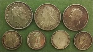 Lot 7 stk. 1/2 crown 1817, 1826, 1901 og shilling 1816, 1826, 1834 og 1887