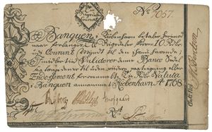 10 rigsdaler courant 1768. No. 7057. Små rifter og hull i blindstempel/small tears and hole in blind stamp