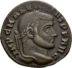 Maxentius 307-312, Æ follis, Roma 307-308 e.Kr. R: Roma sittende i tempel