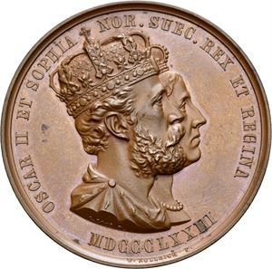 Oscar II. Erindringsmedalje fra kong Oscar II og dronning Sophies kroning 1873. Kullrich/Weigand. Bronse. 42 mm