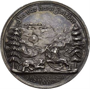Frederik IV. Karl XII`s død 1718. Berg. Sølv. 50 mm. Minimale kantskader/insignificant edge nicks
