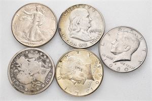 Lot 5 stk. 1/2 dollar 1908 O, 1937, 1954, 1964 og 1980