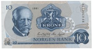 10 kroner 1981. HF0300179. Erstatningsseddel/replacement note