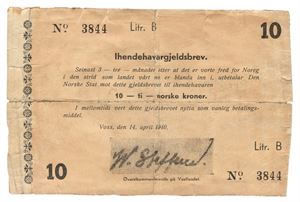 General Steffens, 10 kroner 14.april 1940. Litr. B No.3844. Store rifter, oppklebet/large tears, mounted.