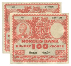 Lot 2 stk. 100 kroner 1950. B1395475 og 476