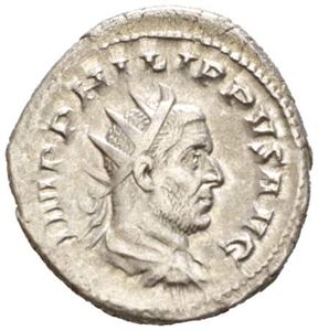 PHILIP I 244-249, antoninian, Roma 248 e.Kr. R: Hjort stående mot høyre. Preget i forbindelse med feiringen av Roma`s 1000 års jubileum