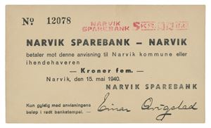 Narvik Sparebank, 5 kroner 15.mai 1940. No.12078