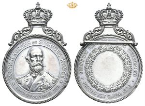 Oscar II. Belønning for fortjenstlig virksomhet 6. juni 1882. Preget hos hos Berliner Medaillen-Münze. Sølv med krone