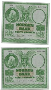 Lot 2 stk. 50 kroner 1958. D0587593-94