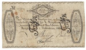 1 rigsbankdaler 1814. No.37901. Samtidig forfalskning/contemporary counterfeit. Skitten og rifter/dirty and tears.