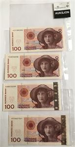 Lot 4 stk. 100 kroner 1995, 1999, 2003 og 2004