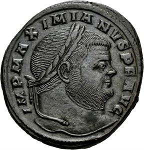 Maximianus 286-310, Æ follis, Aquileia 301 e.Kr. R: Moneta stående mot venstre