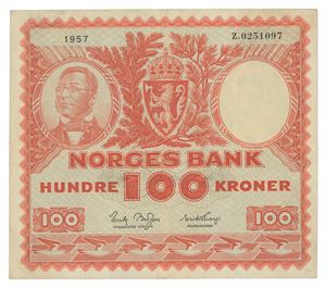 100 kroner 1957. Z.0251097. Erstatningsseddel
