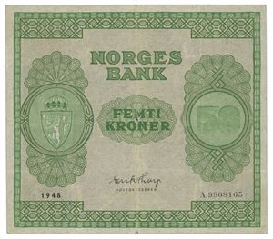 50 kroner 1948. A9908105. Midthull/center hole