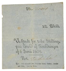 12 skilling 1809. No. 20401. Signert Zedele. Flott blindstempel.