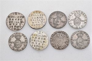 Norge, Christian VII, lot 8 stk. 2 skilling 1780, 1783, 1786, 1787, 1788, 1802, 1803 og 1805