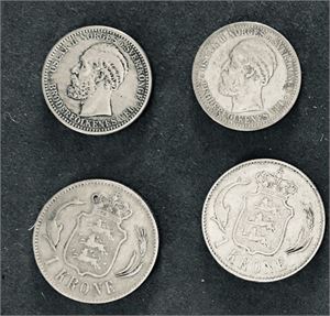 Lot 4 stk. 50 øre 1895, 1897 og Danmark, 1 krone 1875 og 1892