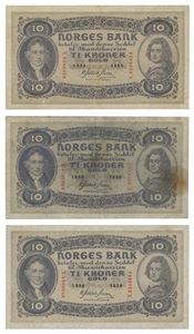 Lot 3 stk. 10 kroner 1936 U, 1938 X og 1939 Y
