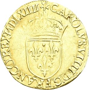 Charles IX, ecu d`or 1564 H. Har vært anhengt/has been mounted