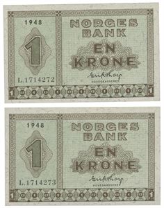 Lott 2 stk. 1 krone 1948. L.1714272-73, i nummerrekkefølge