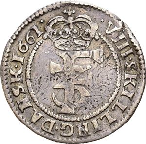 FREDERIK III 1648-1670, CHRISTIANIA, 8 skilling 1661. Svakt buklet/slightly creased. S.50