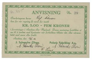 J. Schanche Olsen/Polaris Fabrikker, Sandnes, 5 kroner 10/5-1940. Nr.39